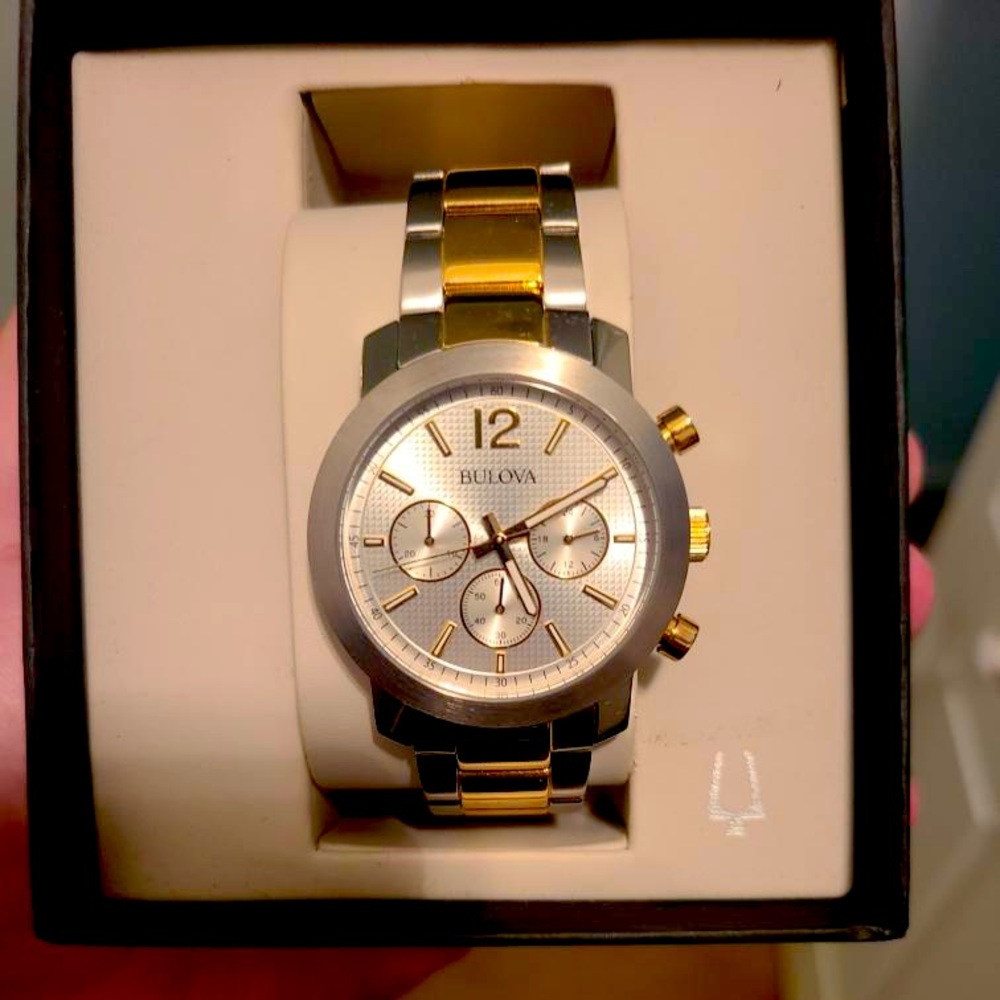 Mens Bulova silver and gold watch